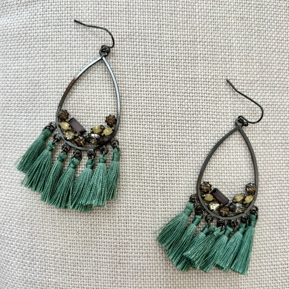 Anthropologie Jewelry - Anthropologie Teardrop Earrings with Gems and Green Tassels